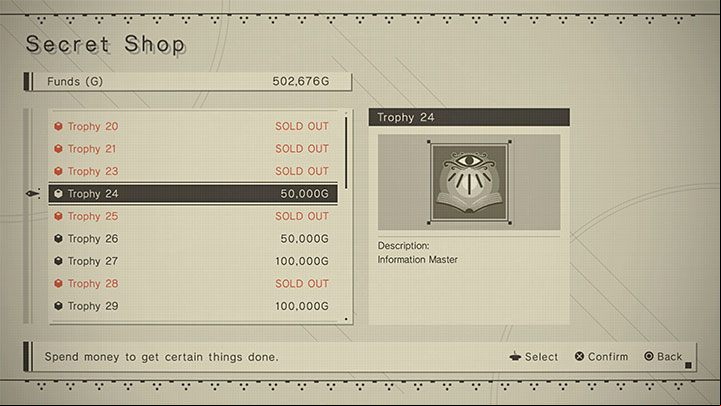 In the new window Secret Shop a list of trophies will appear, including both the ones you already have and the ones you don't - NieR Automata: Trophy shop - how to unlock? - Appendix - NieR Automata Guide