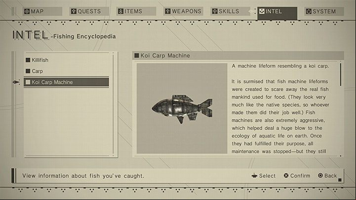 All the unique fish species caught appear in Intel -> Fishing Encyclopedia - Nier Automata: Trophies/Achievements - Appendix - NieR Automata Guide