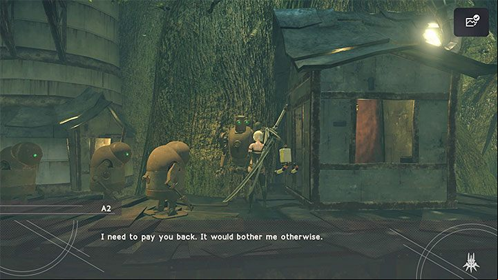 As a thank you for creating the fuel filter, A2 will offer to help get rid of the machine abusing the children in the village - Nier Automata: Chapter 14, A2 - Route C, D - walkthrough - Route C & D - NieR Automata Guide