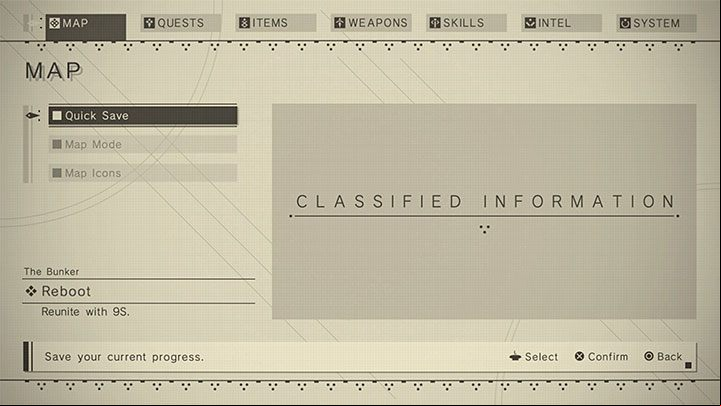 2) Quick save - Stay in the Map tab and select Quick Save - NieR Automata: Saving - how to save? - FAQ - NieR Automata Guide