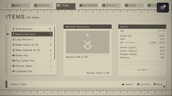 You can heal yourself mainly by using items from the Recovery group- they come in three varieties, allowing you to recover a small, medium or large number of HP - NieR Automata: Healing - how to recover health? - FAQ - NieR Automata Guide