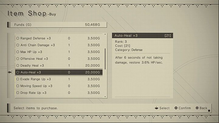 Auto Heal - This chip will automatically recover your character's lost health if they haven't received damage in the last few seconds - NieR Automata: Healing - how to recover health? - FAQ - NieR Automata Guide