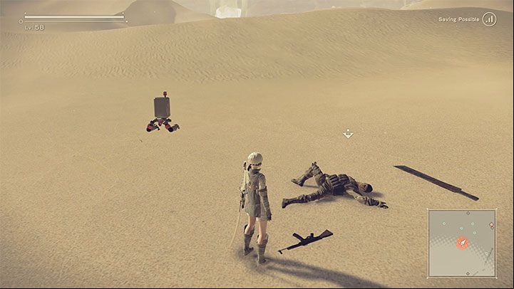 After the fight is over, find the body of the last Resistance Member lying on the sand - NieR Automata: City Ruins - walkthrough, side quests - Side missions - NieR Automata Guide