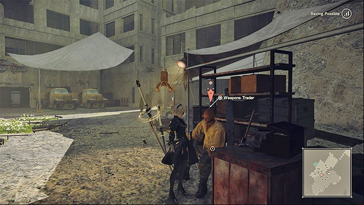 The Weapons Trader is available from the very beginning of the game, but before you can use their services you will first need to complete the The Weapon Dealer's Request side quest in Chapter 2 - NieR Automata: List of traders - Summaries - NieR Automata Guide