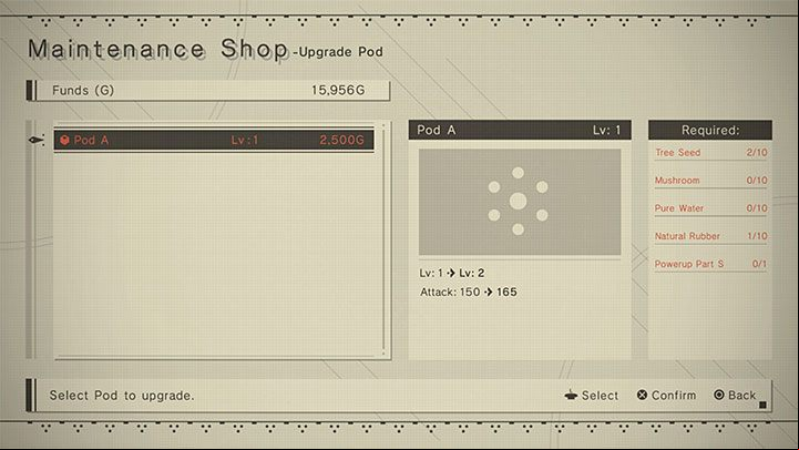 Pods can and should be improved - the first NPC that can do this is the Maintenance Shop Owner from the Resistance Camp - NieR Automata: Characters and Pods development - Basics - NieR Automata Guide