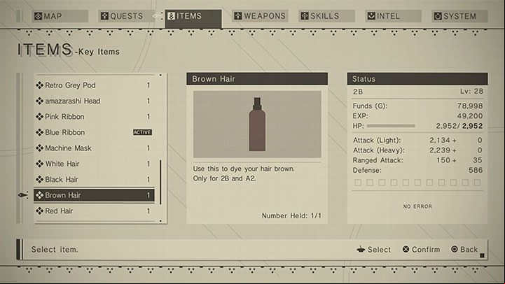All items that affect the appearance of the character or pod are stored in the inventory - NieR Automata: character appearance - how to change? - FAQ - NieR Automata Guide