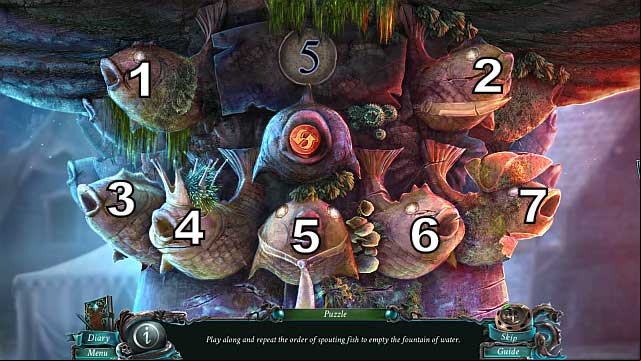 You will activate a game in which you need to repeat the order of the fishes that spit water - Chapter 3 | Puzzles - Puzzles - Nightmares from the Deep: The Sirens Call Game Guide & Walkthrough