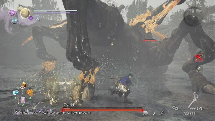 In addition to jumping and attacking with its legs, Gyuki can also perform ranged attacks, such as spitting poison - NiOh 2: Gyuki | Boss fight - Bosses - NiOh 2 Guide