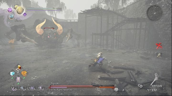 When your character is close to Gyukis face, the boss can perform a grab that is signaled by a white and black flame - NiOh 2: Gyuki | Boss fight - Bosses - NiOh 2 Guide
