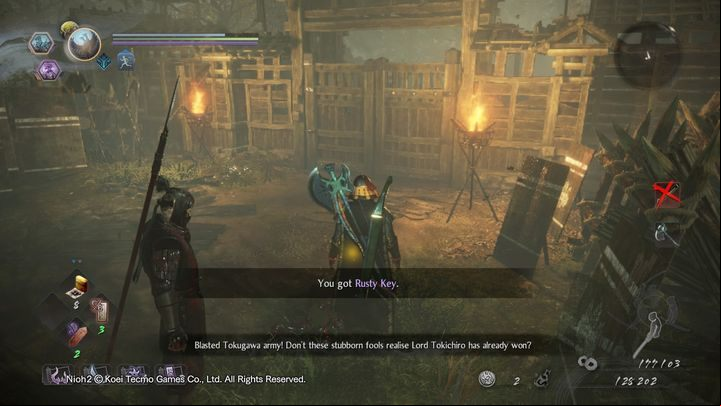 Find a body at the other end of the bridge and take Rusty Key from it - NiOh 2: The Two Faces of Hospitality walkthrough - Main missions - NiOh 2 Guide