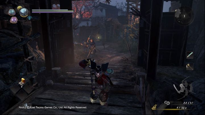 There are a few soldiers behind the gate, but be careful, as the watchtower on the right contains an enemy that can blow his horn and provoke all nearby opponents to attack you - Bird in a Cage | NiOh 2 Walkthrough - Main missions - NiOh 2 Guide