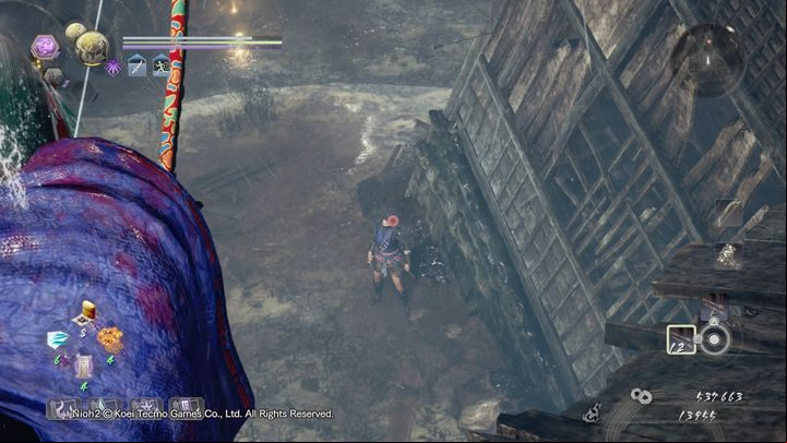 That enemy is the woman seen in the picture - after dealing with the marksman, shoot her in the head from that spot and quickly jump off to inflict serious damage to the stunned opponent - Pervading Waters | NiOh 2 Walkthrough - Main missions - NiOh 2 Guide