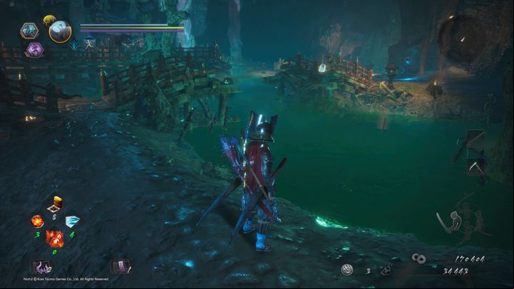 Try to cross the toxic water by dodging - to get rid of it, you need to destroy two snake statues - The Vipers Sanctum | NiOh 2 Walkthrough - Main missions - NiOh 2 Guide