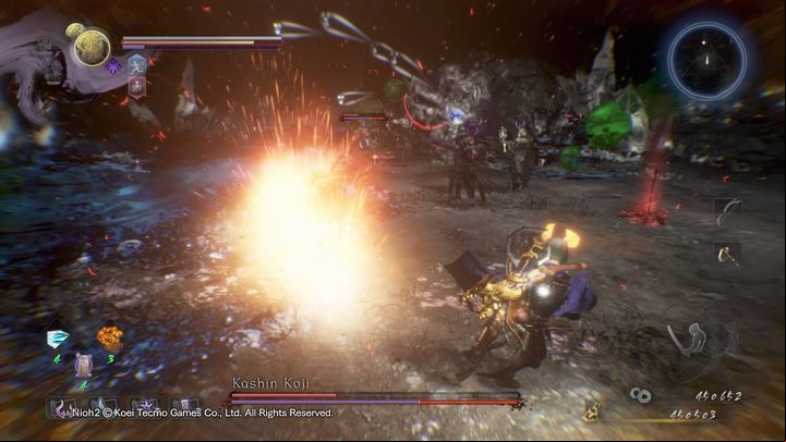 With his staff, Kashin can summon a fiery wave that will fly towards you vertically across the ground - NiOh 2: Kashin Koji boss fight walkthrough - Bosses - NiOh 2 Guide