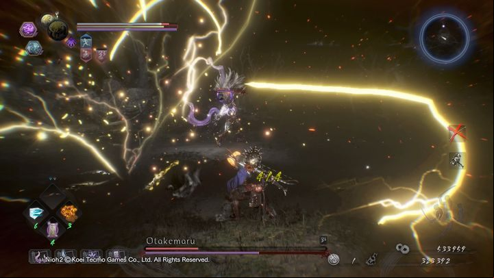 Otakemaru can make a quick cut over a short distance, causing lightning to strike the spot where he made the dash - NiOh 2: Otakemaru boss fight walkthrough - Bosses - NiOh 2 Guide