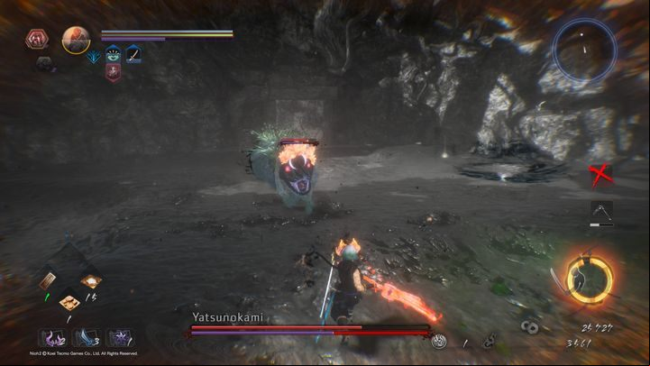 At the very beginning of the battle, Yatsunokami will crawl at high speed in your direction, this is a very linear movement, it is also enough to move a little to the side, so as not to get hit by its horn - NiOh 2: Yatsonukami | Boss fight - Bosses - NiOh 2 Guide