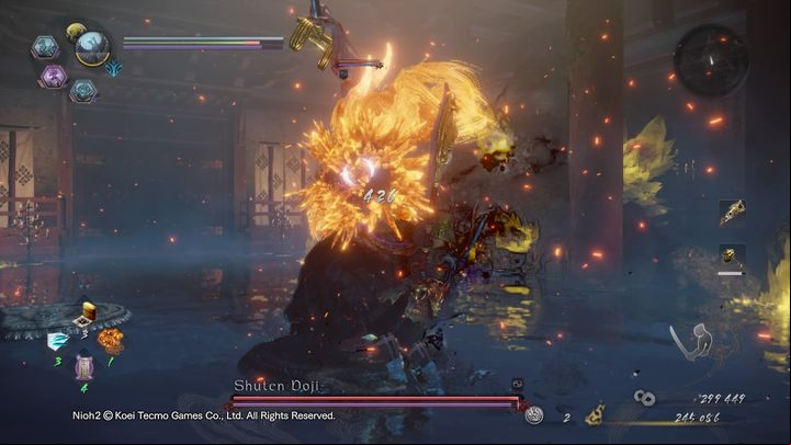 Shuten Doji can also perform another Burst Attack - he drinks from his gourd and then spits a flame from his mouth - NiOh 2: Shuten Doji boss fight walkthrough - Bosses - NiOh 2 Guide