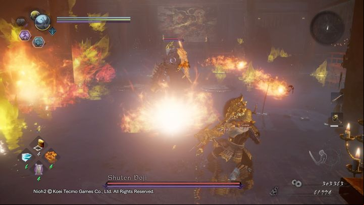 His next fire attack is about drinking from the gourd and spitting fireballs around him - NiOh 2: Shuten Doji boss fight walkthrough - Bosses - NiOh 2 Guide