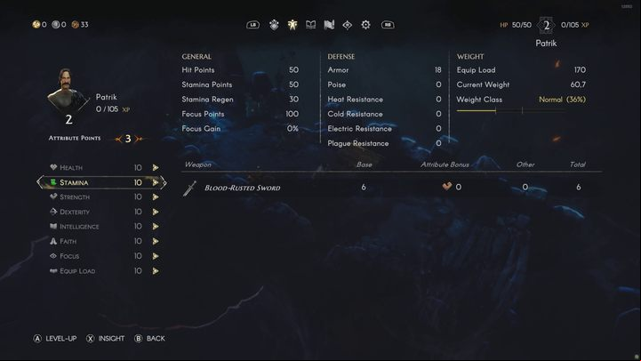 After leveling up in No Rest for the Wicked, the game will ask you to spend 3 attribute points among the character's statistics - No Rest for the Wicked: Tips and tricks - Basics - No Rest for the Wicked Guide