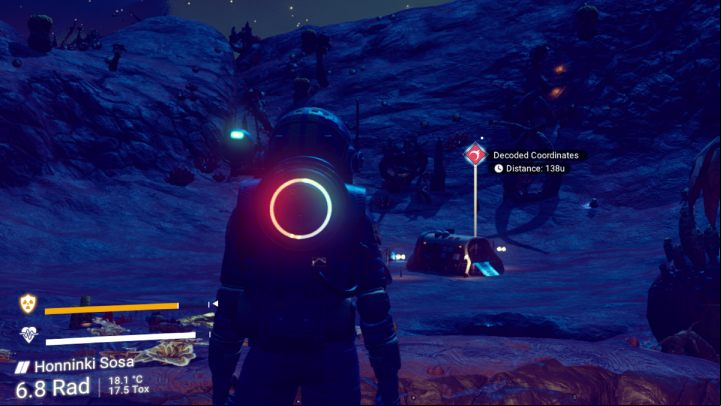 Hovering over the icons of resources found by the scanner or the main mission markers will show you the exact distance - No Mans Sky: What to do first? - FAQ - No Mans Sky Game Guide