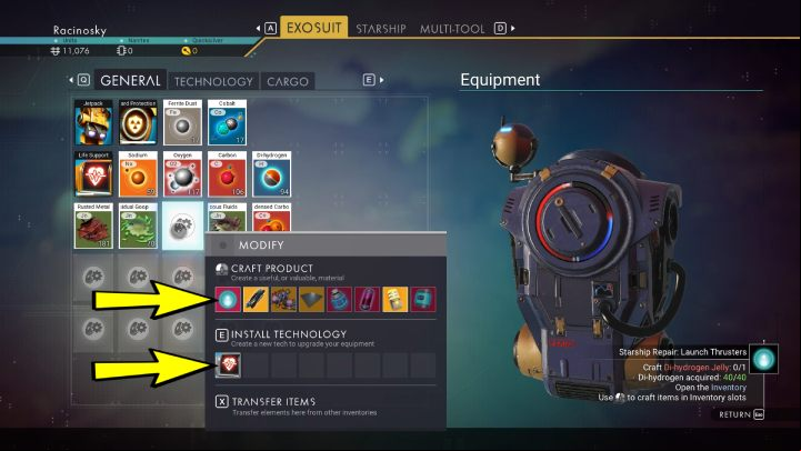 If you want to craft an item or install a new technology, you have to open the equipment and choose the right slot, suit, ship or multi-tool - No Mans Sky: What to do first? - FAQ - No Mans Sky Game Guide