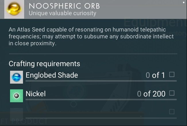 Noospheric Orb is the 3rd element, that you get when following the Atlas Path - No Mans Sky: Crafting, all items - Atlas Path - No Mans Sky Game Guide