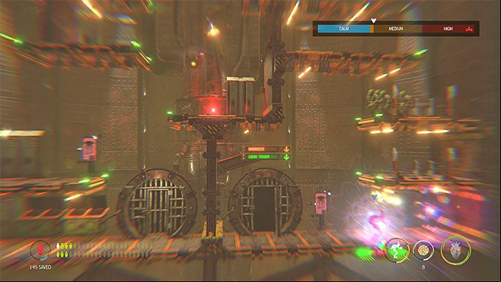 We reach the elevator and go down - Oddworld Soulstorm: Sneak into the Overlook Tower, Slig Barracks - walkthrough - 9: Slig Barracks - Oddworld Soulstorm Guide