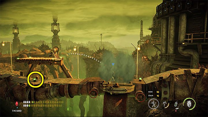 We move to the left and watch out for Sligs firing at us from a distance - Oddworld Soulstorm: Sneak into the Overlook Tower, Slig Barracks - walkthrough - 9: Slig Barracks - Oddworld Soulstorm Guide