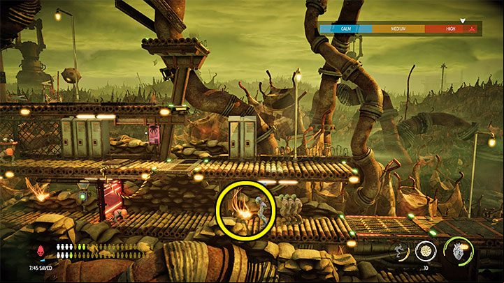 We head further to the left and stop after reaching the checkpoint - Oddworld Soulstorm: Sneak into the Overlook Tower, Slig Barracks - walkthrough - 9: Slig Barracks - Oddworld Soulstorm Guide