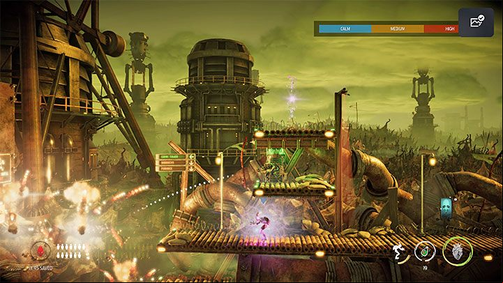 In the next area, we need to be aware that even if we blind the scanner with a smoke screen grenade, another enemy will still come out of the guard on the central shelf - Oddworld Soulstorm: Sneak into the Overlook Tower, Slig Barracks - walkthrough - 9: Slig Barracks - Oddworld Soulstorm Guide
