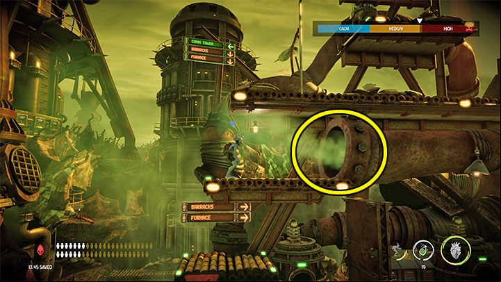 After jumping down, we first look into the pipe with some green vapors coming out of it (see the attached picture) - Oddworld Soulstorm: Sneak into the Overlook Tower, Slig Barracks - walkthrough - 9: Slig Barracks - Oddworld Soulstorm Guide