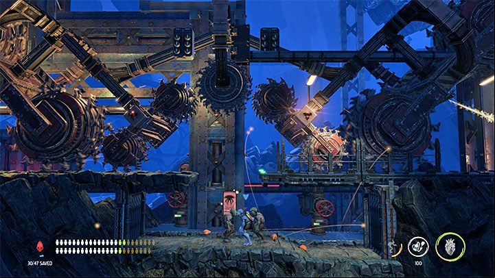 We ignore the elevator visible in the distance, because it is inactive and we must once again restore the power supply first - Oddworld Soulstorm: Find a Way to Level 3, the Mines - walkthrough - 11: The Mines - Oddworld Soulstorm Guide