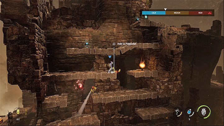 After reaching the checkpoint, you must begin to sneak (holding L1) in order to avoid detection by the Sligs from the lower shelves - Oddworld Soulstorm: Finding other Mudokons, the Ruins - walkthrough - 2: The Ruins - Oddworld Soulstorm Guide
