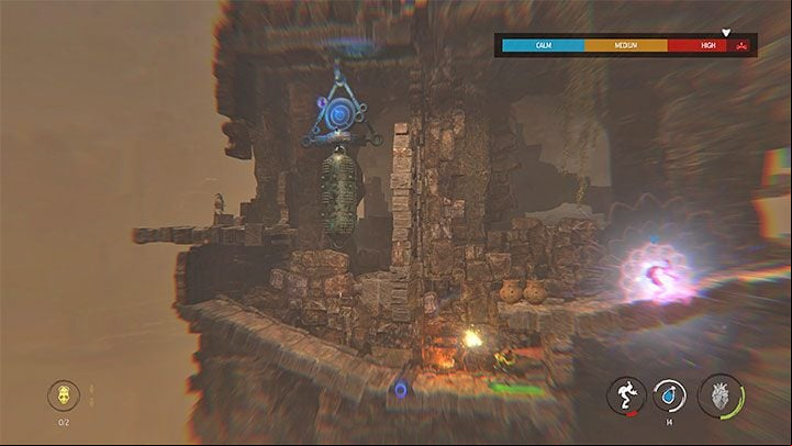 We will reach an area with a closed gate, a Slig and a bell - Oddworld Soulstorm: Finding other Mudokons, the Ruins - walkthrough - 2: The Ruins - Oddworld Soulstorm Guide
