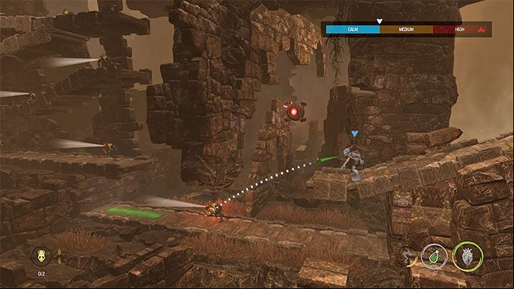 You'll encounter a single Slig to the left of the checkpoint, but we can not use the possession, because chanting is blocked by the Chant Suppressor - Oddworld Soulstorm: Finding other Mudokons, the Ruins - walkthrough - 2: The Ruins - Oddworld Soulstorm Guide