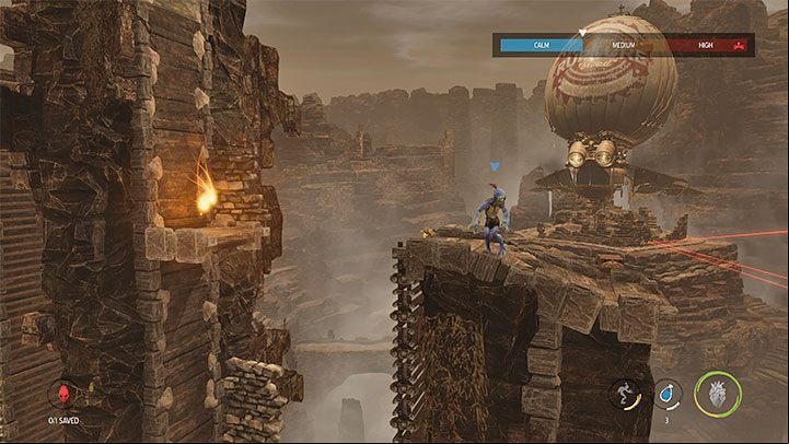 From this point, we must again avoid snipers and red laser beams - Oddworld Soulstorm: Escape Mollucks Blimp, The Blimp - walkthrough - 3: The Blimp - Oddworld Soulstorm Guide