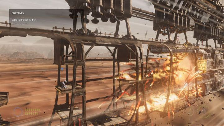 Once we notice that the propane tanks are on fire, it's time to retreat and wait for a big explosion to consume Slig Mama - Oddworld Soulstorm: Slig Mama boss fight, The Hijack - walkthrough - 7: The Hijack - Oddworld Soulstorm Guide