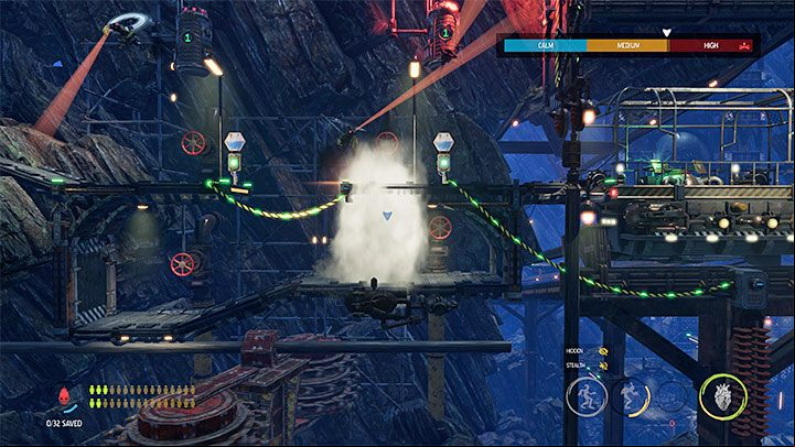 In the section below, avoid detection by two scanners attached to a rotating mine - Oddworld Soulstorm: Bying security, Necrum - walkthrough - 10: Necrum - Oddworld Soulstorm Guide