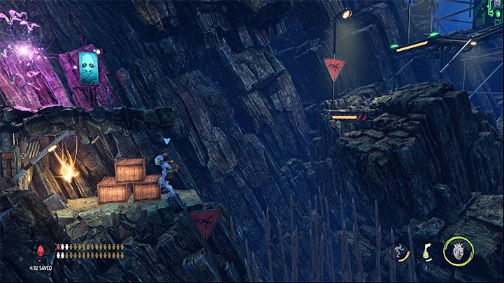 After reaching the checkpoint, slide down – in addition to the destructible boxes, you will find a Royal Jelly shown in the picture - Oddworld Soulstorm: Bying security, Necrum - walkthrough - 10: Necrum - Oddworld Soulstorm Guide