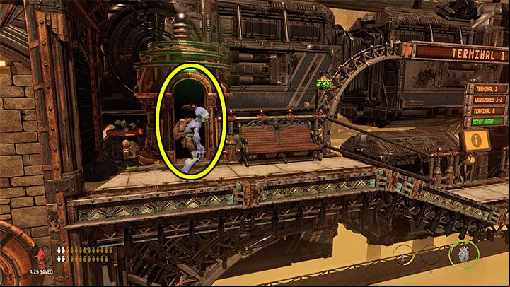 Before you leave this place, press the button shown in picture 1 - Oddworld Soulstorm: Unlocking the platform in Workzone 1 - walkthrough - 14: Feeco Depot - Oddworld Soulstorm Guide