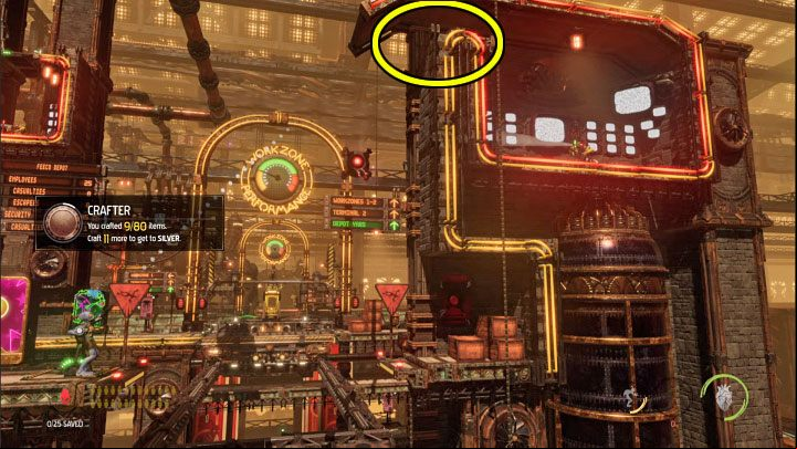 Aim a Bouncy candy at the hole in the left wall of the building marked in the picture - Oddworld Soulstorm: Unlocking the platform in Workzone 1 - walkthrough - 14: Feeco Depot - Oddworld Soulstorm Guide