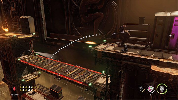 Go to the right, jump on the Monkey Bar, and then to the shelf - Oddworld Soulstorm: Unlocking the platform in Workzone 1 - walkthrough - 14: Feeco Depot - Oddworld Soulstorm Guide