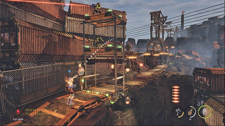 After you get under the sniper tower, press the button to unlock the age - Oddworld Soulstorm: Reaching the Security Station by crane - walkthrough - 15: The Yards - Oddworld Soulstorm Guide