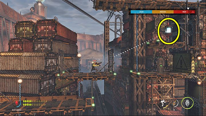 To solve the puzzle, you will need to use possession multiple times - Oddworld Soulstorm: Reaching the Security Station by crane - walkthrough - 15: The Yards - Oddworld Soulstorm Guide