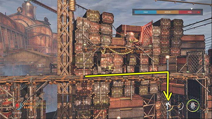 Reactivate the possession and resume control of the Slig from the shelf with the destroyed tank - Oddworld Soulstorm: Reaching the Security Station by crane - walkthrough - 15: The Yards - Oddworld Soulstorm Guide
