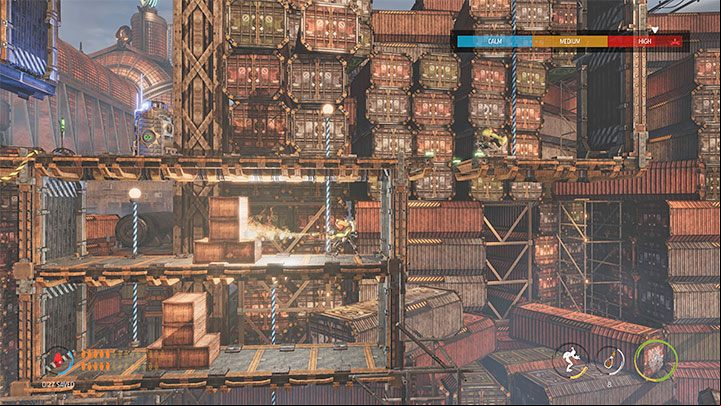 Pull the lever to put out the fire - Oddworld Soulstorm: Reaching the Security Station by crane - walkthrough - 15: The Yards - Oddworld Soulstorm Guide