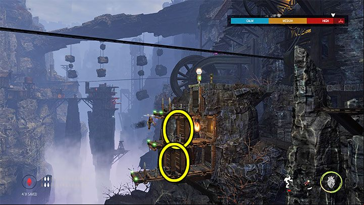 Once you defeat all of the other flying Sligs, direct the possessed enemy to destroy the two barricades marked in the screenshot (Abe isn't able to blow them up himself) - Oddworld Soulstorm: Stage 5 - all secrets, list - Oddworld Soulstorm Guide