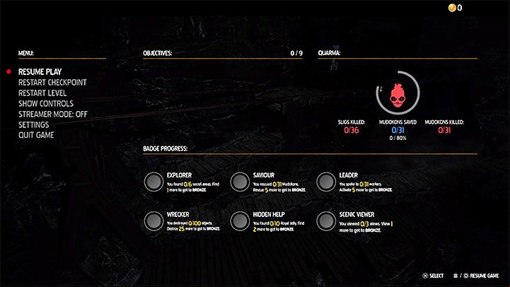 Badges are optional challenges - various objectives that we can complete while playing a level - Oddworld Soulstorm: Badges - Basics - Oddworld Soulstorm Guide