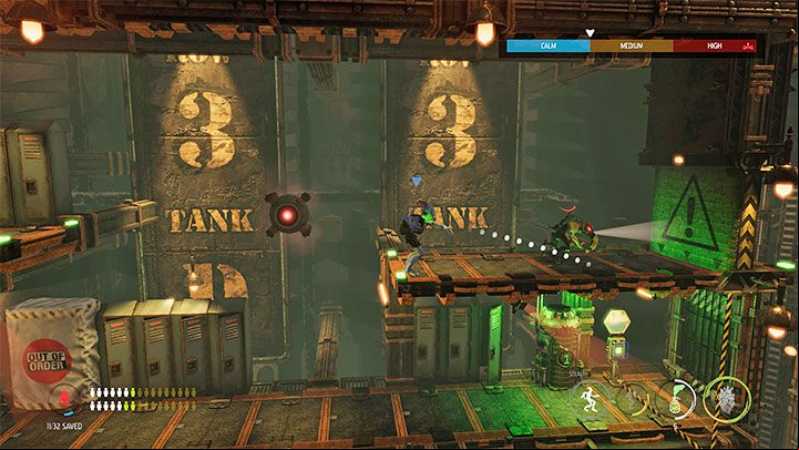 You have to use grenades in the lower corridor too to avoid detection by a moving machine - Oddworld Soulstorm: Crossing the Tank Row 3D, Phat Station - walkthrough - 6: Phat Station - Oddworld Soulstorm Guide
