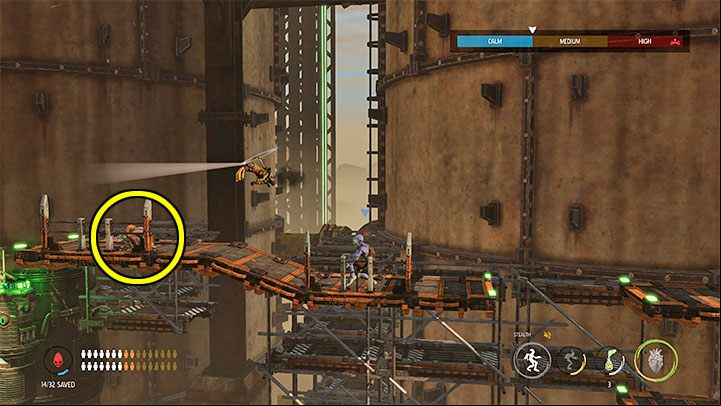 In the main part of the location, we will meet 2 walking Sligs and 1 flying Slig - Oddworld Soulstorm: Crossing the Tank Row 3D, Phat Station - walkthrough - 6: Phat Station - Oddworld Soulstorm Guide